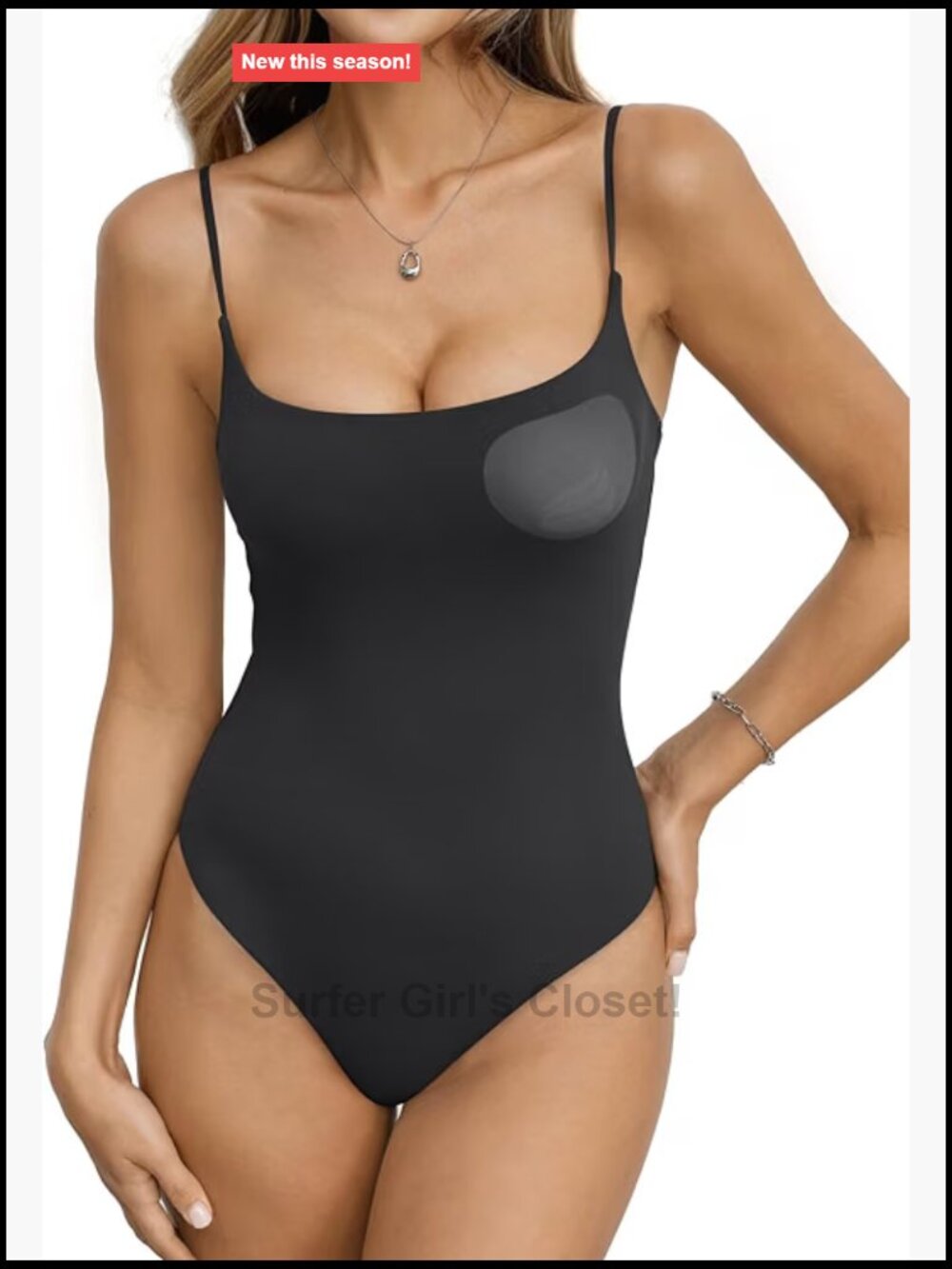 Double Lined Built in Bra Thong Bodysuit Square Neck Cami Spaghetti Straps (S)